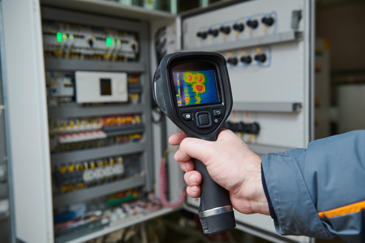 Profesional con cámara térmica comprobando sobrecalentamiento eléctrico en Tenerife